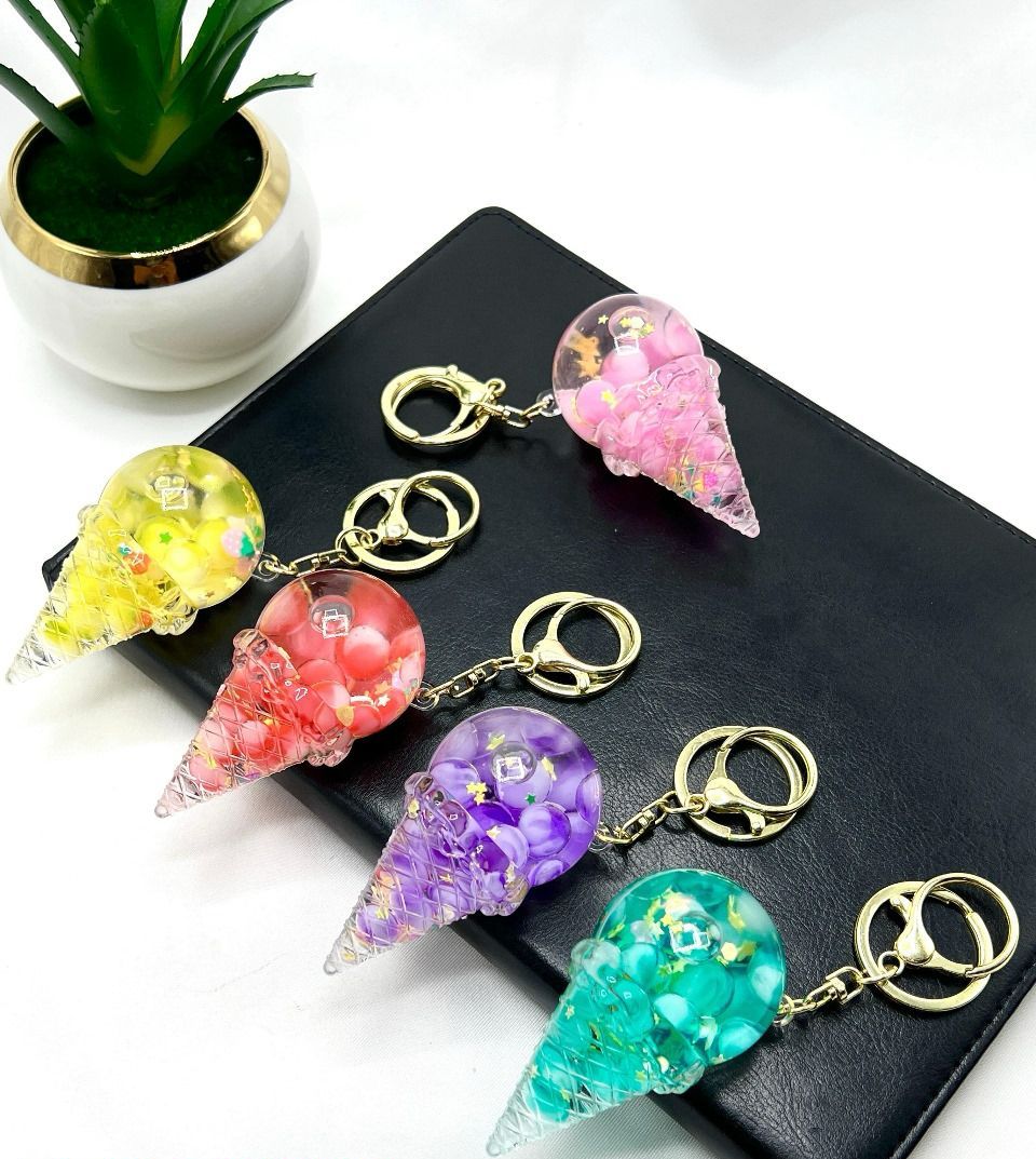 Ice Cream Cone Glitter Water - Gold Key Ring