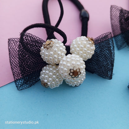 BLACK BOW AND BEADS - HAIR TIE