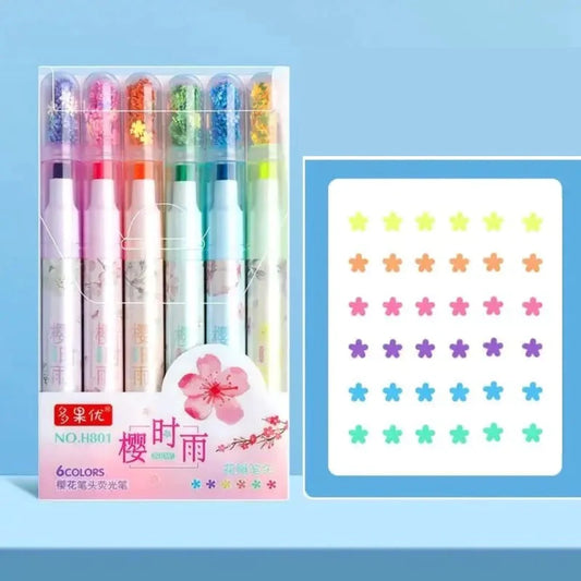 SEQUIN STARS SAKURA FLOWERS - HIGHLIGHTER SET OF 6 - STATIONERYSTUDIO